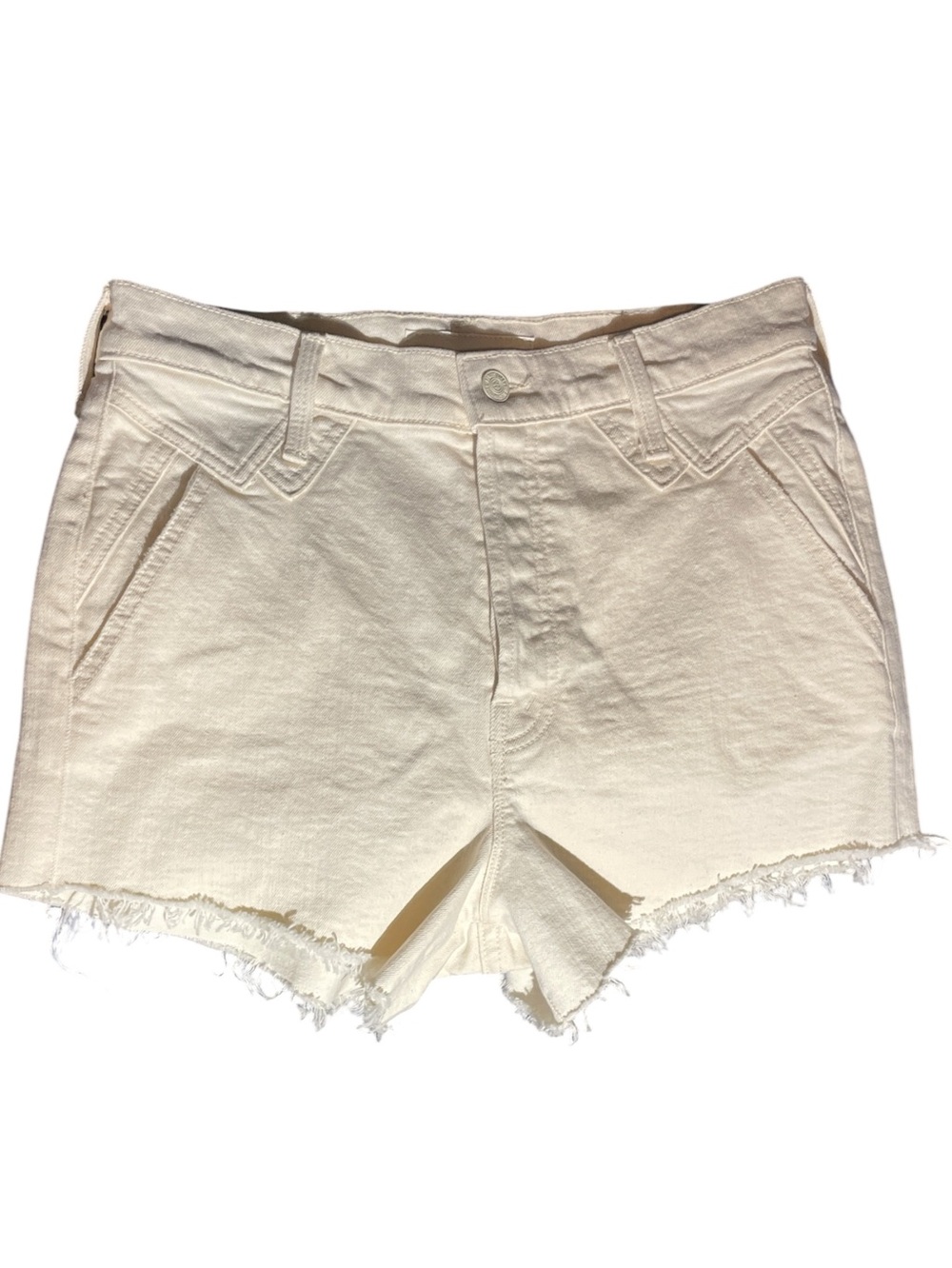 MOTHER Rocky Tomcat Kick Fray Shorts in Act Natural/Off-White Womens Size 29